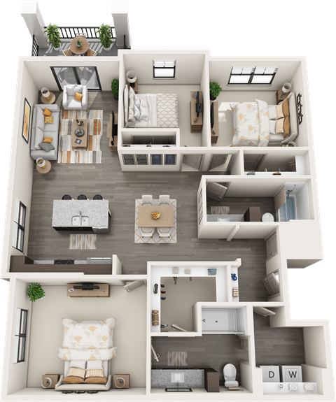 A 3D floor plan of a house with multiple rooms and furniture.